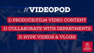 #VIDEOPOD
1) PRODUCE/FILM VIDEO CONTENT
2) COLLABORATE WITH DEPARTMENTS
3) HYPE VIDEOS & VLOGS
 
