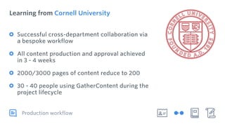 Learning from Cornell University
Production workflow
Successful cross-department collaboration via
a bespoke workflow
All content production and approval achieved
in 3 - 4 weeks
2000/3000 pages of content reduce to 200
30 - 40 people using GatherContent during the
project lifecycle
 