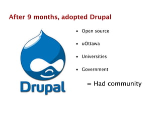 After 9 months, adopted Drupal 
• Open source 
• uOttawa 
• Universities 
• Government 
= Had community 
 