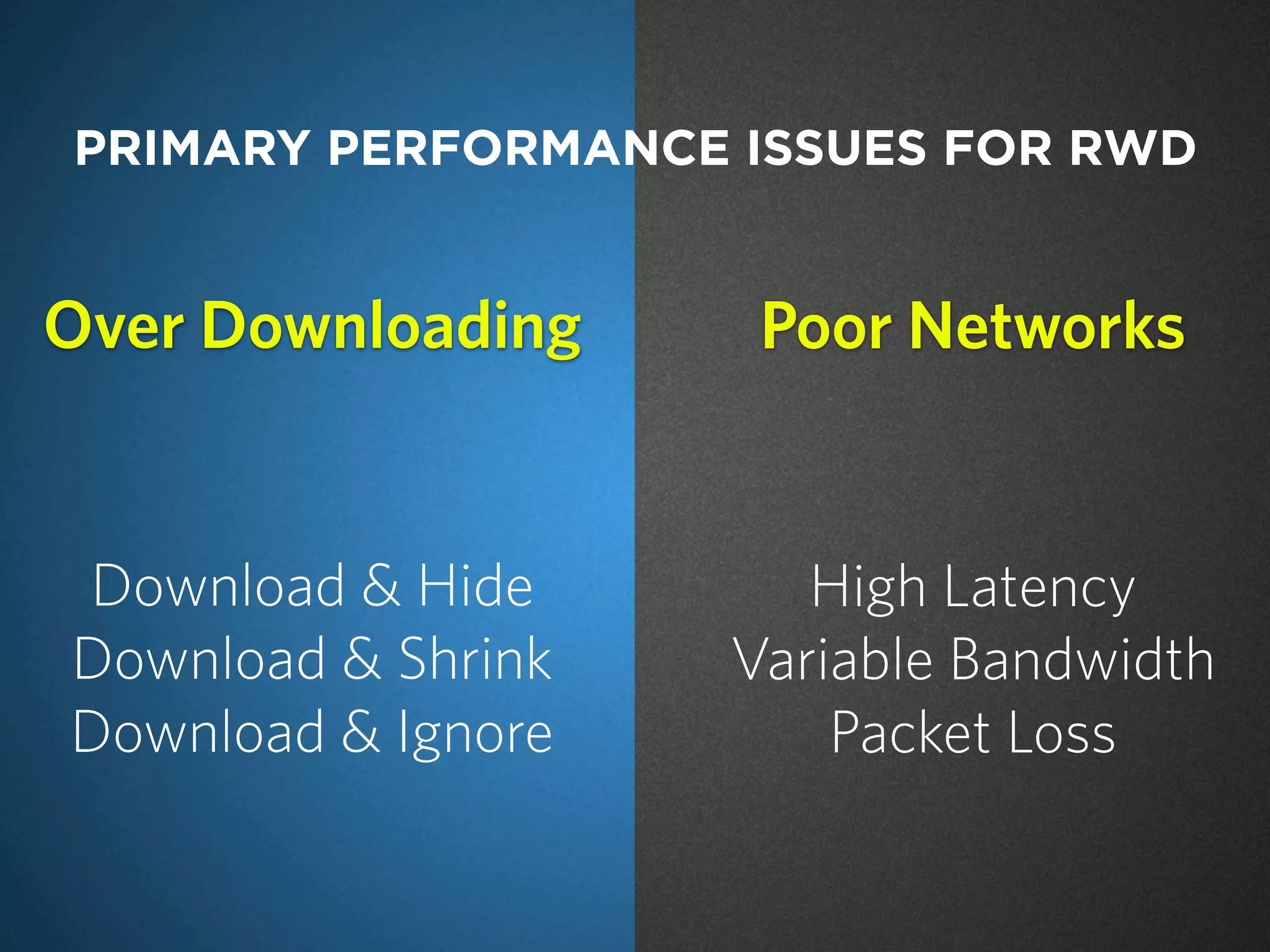 Over Downloading
Download & Hide
Download & Shrink
Download & Ignore
PRIMARY PERFORMANCE ISSUES FOR RWD
Poor Networks
High Latency
Variable Bandwidth
Packet Loss
 