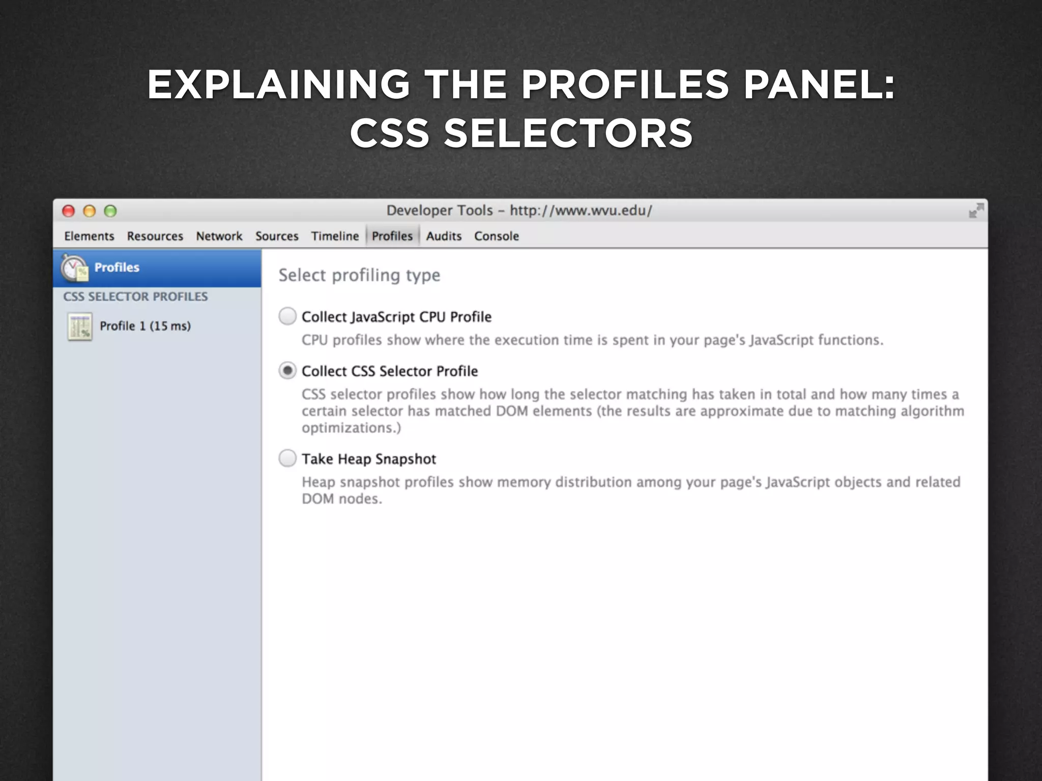 EXPLAINING THE PROFILES PANEL:
CSS SELECTORS
 