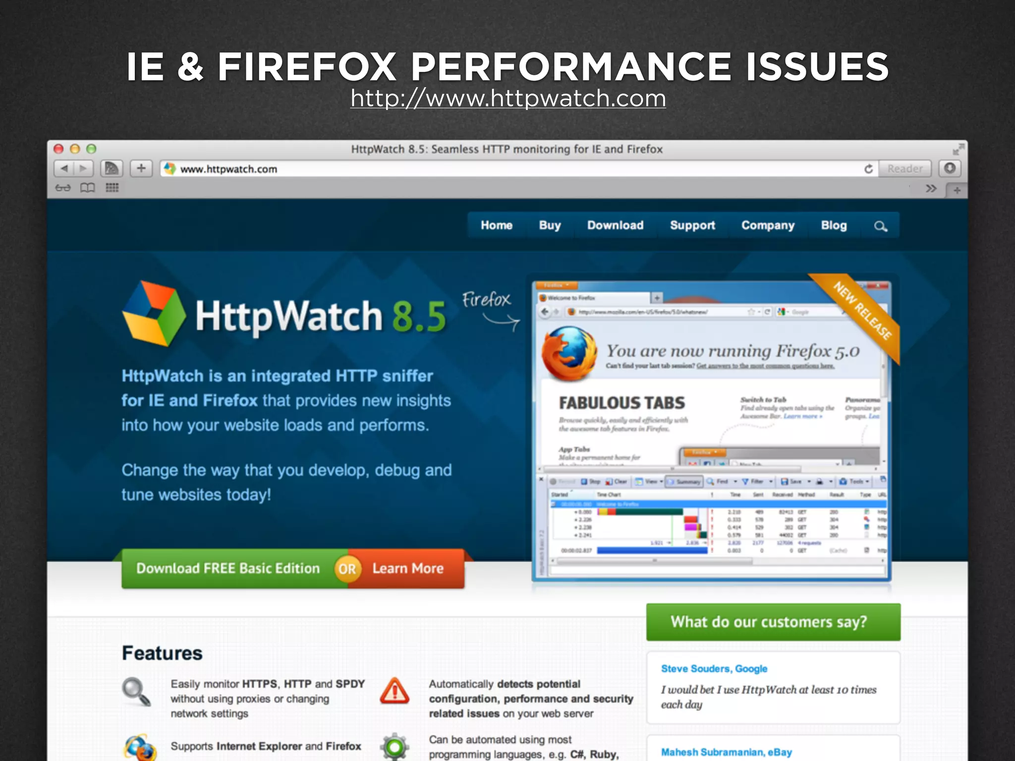 Google Analytics Site Speed
http://www.httpwatch.com
IE & FIREFOX PERFORMANCE ISSUES
 