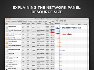 EXPLAINING THE NETWORK PANEL:
RESOURCE SIZE
transferred size
real size
re-order
 