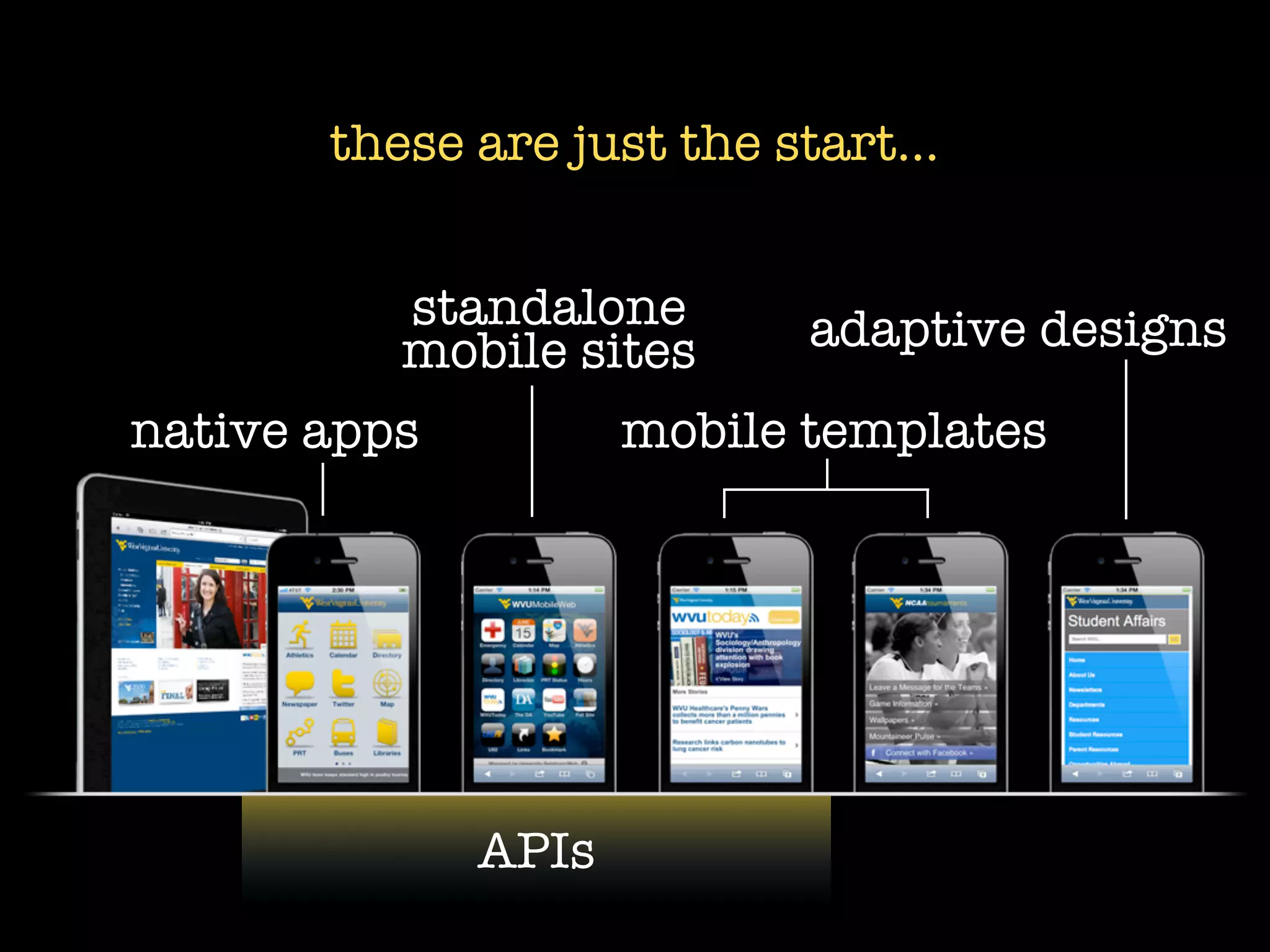 these are just the start...


          standalone        adaptive designs
          mobile sites
native apps          mobile templates




              APIs
 