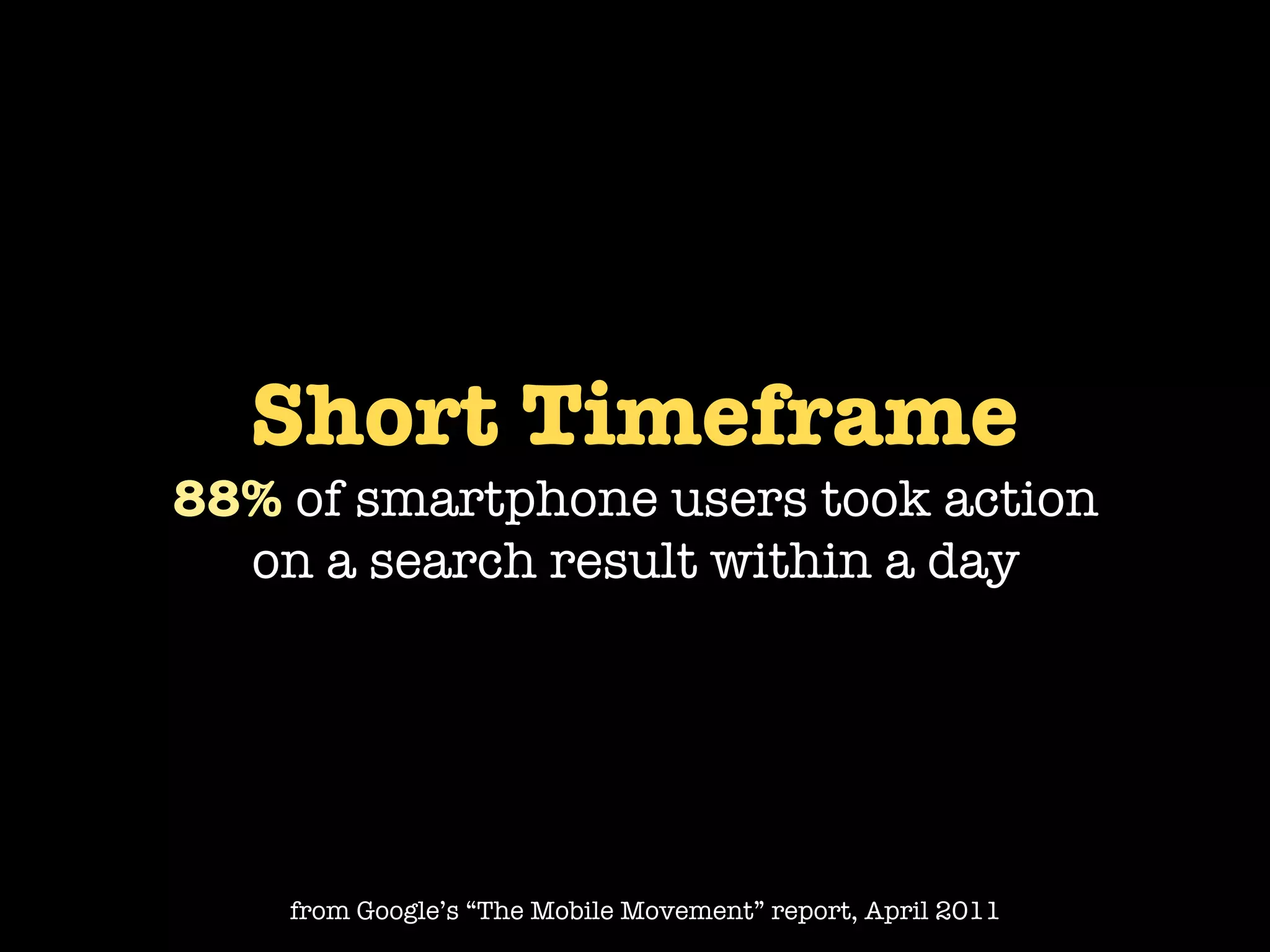 Short Timeframe
88% of smartphone users took action
  on a search result within a day




    from Google’s “The Mobile Movement” report, April 2011
 