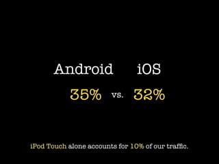 Android                  iOS
           35%          vs.    32%


iPod Touch alone accounts for 10% of our trafﬁc.
 