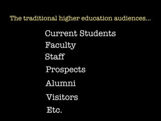 The traditional higher education audiences...

           Current Students
           Faculty
           Staff
           Prospects
           Alumni
           Visitors
           Etc.
 