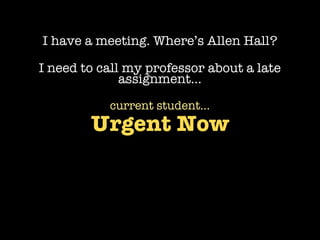 I have a meeting. Where’s Allen Hall?

I need to call my professor about a late
              assignment...

           current student...
        Urgent Now
 