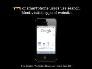77% of smartphone users use search.
   Most visited type of website.




   from Google’s “The Mobile Movement” report, April 2011
 