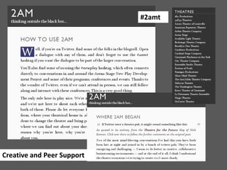 Each table will have one scenario!Scenario A:  Theatre Company – American Musical Fans Around The World Unite! Tables 1, 2Scenario B:  Children’s Theatre and Music Concerts – Reaching Out To MomsTables: 3,4Scenario C:  Jewish Community Center Arts Program wants a younger audienceTables: 5,6Scenario D:  Contemporary Dance wants to generate buzz before, during, and after event Tables: 7, 8