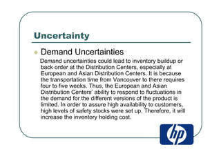 Uncertainty
Demand Uncertainties
Demand uncertainties could lead to inventory buildup or
back order at the Distribution Centers, especially at
European and Asian Distribution Centers. It is because
the transportation time from Vancouver to there requires
four to five weeks. Thus, the European and Asian
Distribution Centers’ ability to respond to fluctuations in
the demand for the different versions of the product is
limited. In order to assure high availability to customers,
high levels of safety stocks were set up. Therefore, it will
increase the inventory holding cost.
 