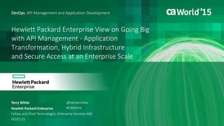 Hewlett Packard Enterprise View on Going Big
with API Management - Application
Transformation, Hybrid Infrastructure
and Secure Access at an Enterprise Scale
Terry White
DevOps: API Management and Application Development
Hewlett Packard Enterprise
Fellow and Chief Technologist, Enterprise Services ABS
DO3T11S
@twhiteindtw
#CAWorld
 