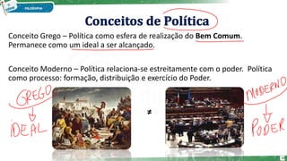 Conceito Grego – Política como esfera de realização do Bem Comum.
Permanece como um ideal a ser alcançado.
Conceito Moderno – Política relaciona-se estreitamente com o poder. Política
como processo: formação, distribuição e exercício do Poder.
≠
10
 