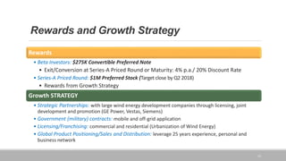 Rewards and Growth Strategy
Rewards
• Beta Investors: $275K Convertible Preferred Note
• Exit/Conversion at Series-A Priced Round or Maturity: 4% p.a./ 20% Discount Rate
• Series-A Priced Round: $1M Preferred Stock (Target close by Q2 2018)
• Rewards from Growth Strategy
Growth STRATEGY
• Strategic Partnerships: with large wind energy development companies through licensing, joint
development and promotion (GE Power, Vestas, Siemens)
• Government (military) contracts: mobile and off-grid application
• Licensing/Franchising: commercial and residential (Urbanization of Wind Energy)
• Global Product Positioning/Sales and Distribution: leverage 25 years experience, personal and
business network
15
 