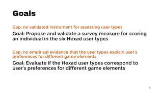 Goals
Gap: no validated instrument for assessing user types
Goal: Propose and validate a survey measure for scoring
an individual in the six Hexad user types
Gap: no empirical evidence that the user types explain user’s
preferences for different game elements
Goal: Evaluate if the Hexad user types correspond to
user’s preferences for different game elements
5
 