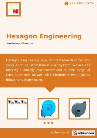 +91-9953359750
A Member of
Hexagon Engineering
www.hexagonblower.com
Hexagon Engineering is a reputed manufacturer and
supplier of Industrial Blower & Air System. We are also
oﬀering a sturdily constructed and reliable range of
Cast Aluminum Blower, Side Channel Blower, Vortex
Blower and many more.
 