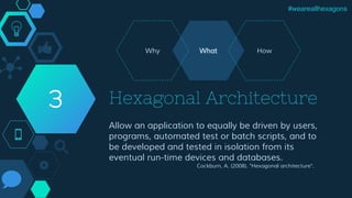 Hexagonal Architecture3
#weareallhexagons
WhatWhy How
Allow an application to equally be driven by users,
programs, automated test or batch scripts, and to
be developed and tested in isolation from its
eventual run-time devices and databases.
Cockburn, A. (2008). "Hexagonal architecture".
 