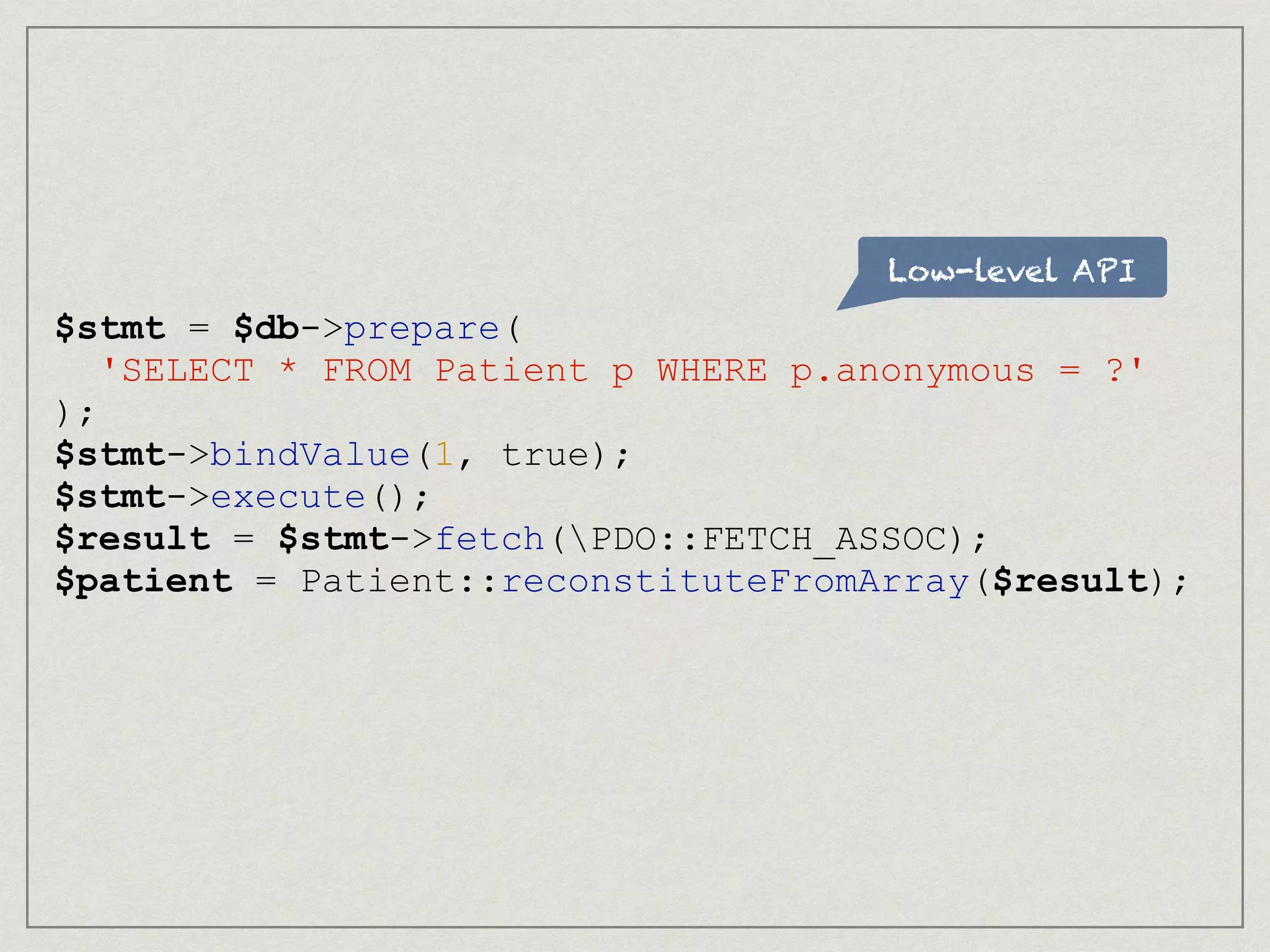 Low-level API
$stmt = $db->prepare(
'SELECT * FROM Patient p WHERE p.anonymous = ?'
);
$stmt->bindValue(1, true);
$stmt->execute();
$result = $stmt->fetch(PDO::FETCH_ASSOC);
$patient = Patient::reconstituteFromArray($result);
 