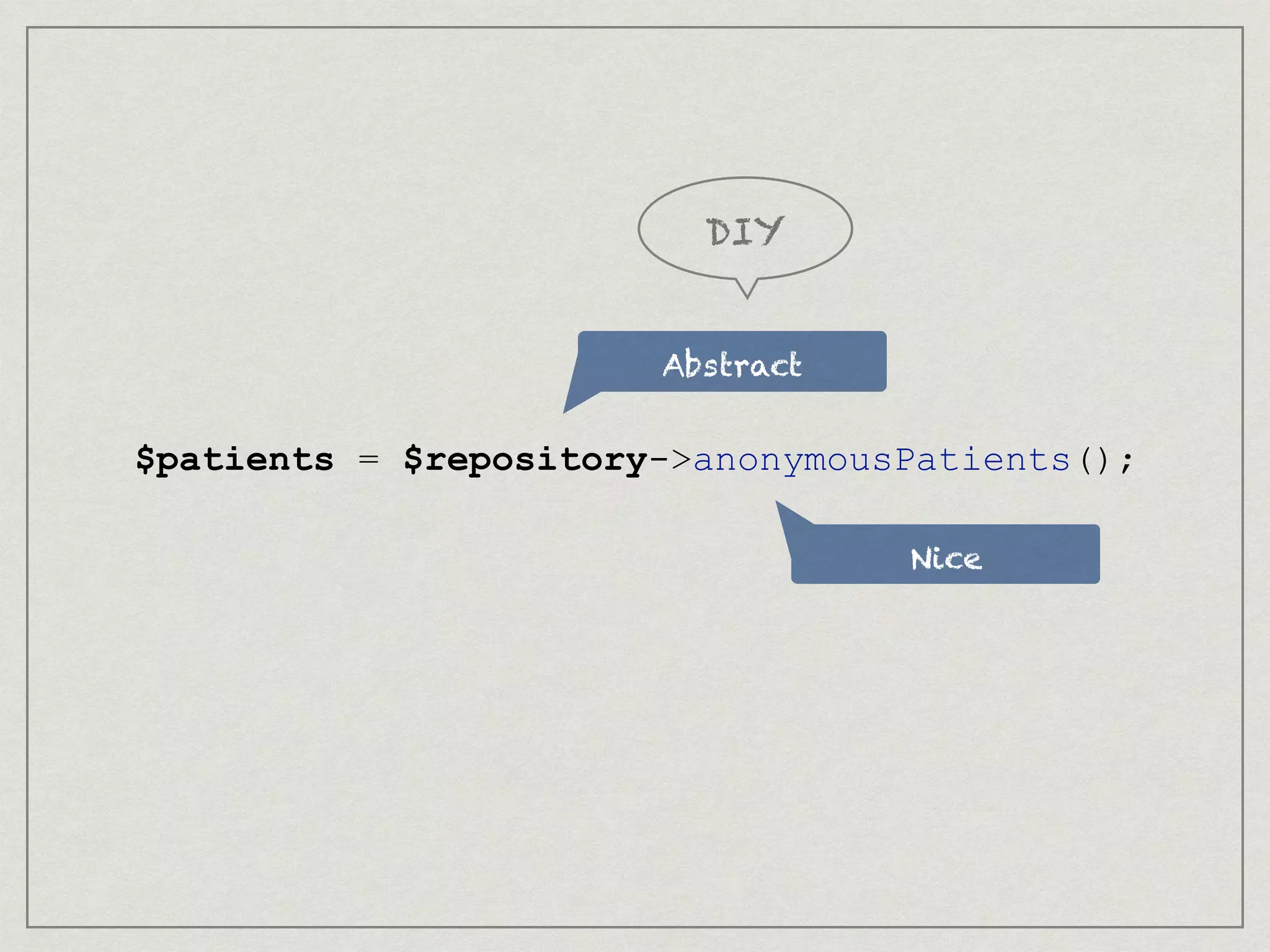 $patients = $repository->anonymousPatients();
Abstract
Nice
DIY
 