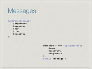 Messages
someFunctionCall(
$arguments,
$prepared,
$for,
$the,
$receiver
);
$message = new TypeOfMessage(
$some,
$relevant,
$arguments
);
handle($message);
 