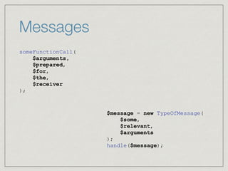 Messages
someFunctionCall(
$arguments,
$prepared,
$for,
$the,
$receiver
);
$message = new TypeOfMessage(
$some,
$relevant,
$arguments
);
handle($message);
 