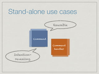 Command
Command
Command
handler
Command
handler
Stand-alone use cases
Command
Command
handler
Intention-
revealing
Reusable
 