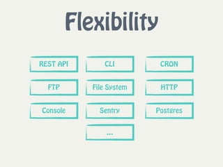 Flexibility
REST API CLI CRON
FTP File System HTTP
Console Sentry Postgres
…
 