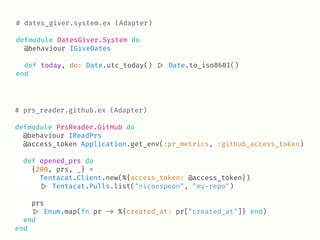 # dates_giver.system.ex (Adapter)
defmodule DatesGiver.System do
@behaviour IGiveDates
def today, do: Date.utc_today() !|> Date.to_iso8601()
end
# prs_reader.github.ex (Adapter)
defmodule PrsReader.GitHub do
@behaviour IReadPrs
@access_token Application.get_env(:pr_metrics, :github_access_token)
def opened_prs do
{200, prs, _} =
Tentacat.Client.new(%{access_token: @access_token})
!|> Tentacat.Pulls.list("nicoespeon", "my-repo")
prs
!|> Enum.map(fn pr !-> %{created_at: pr["created_at"]} end)
end
end
 