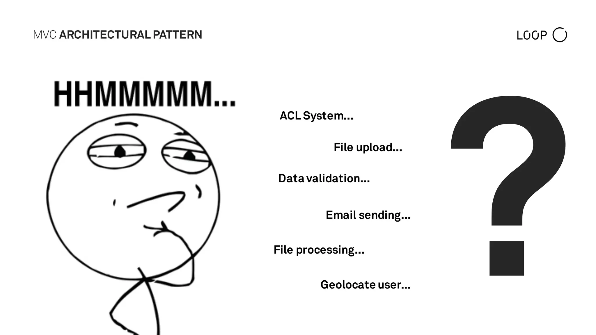 MVC ARCHITECTURAL PATTERN
ACL System...
Data validation...
File processing...
File upload...
Email sending...
?Geolocate user...
 