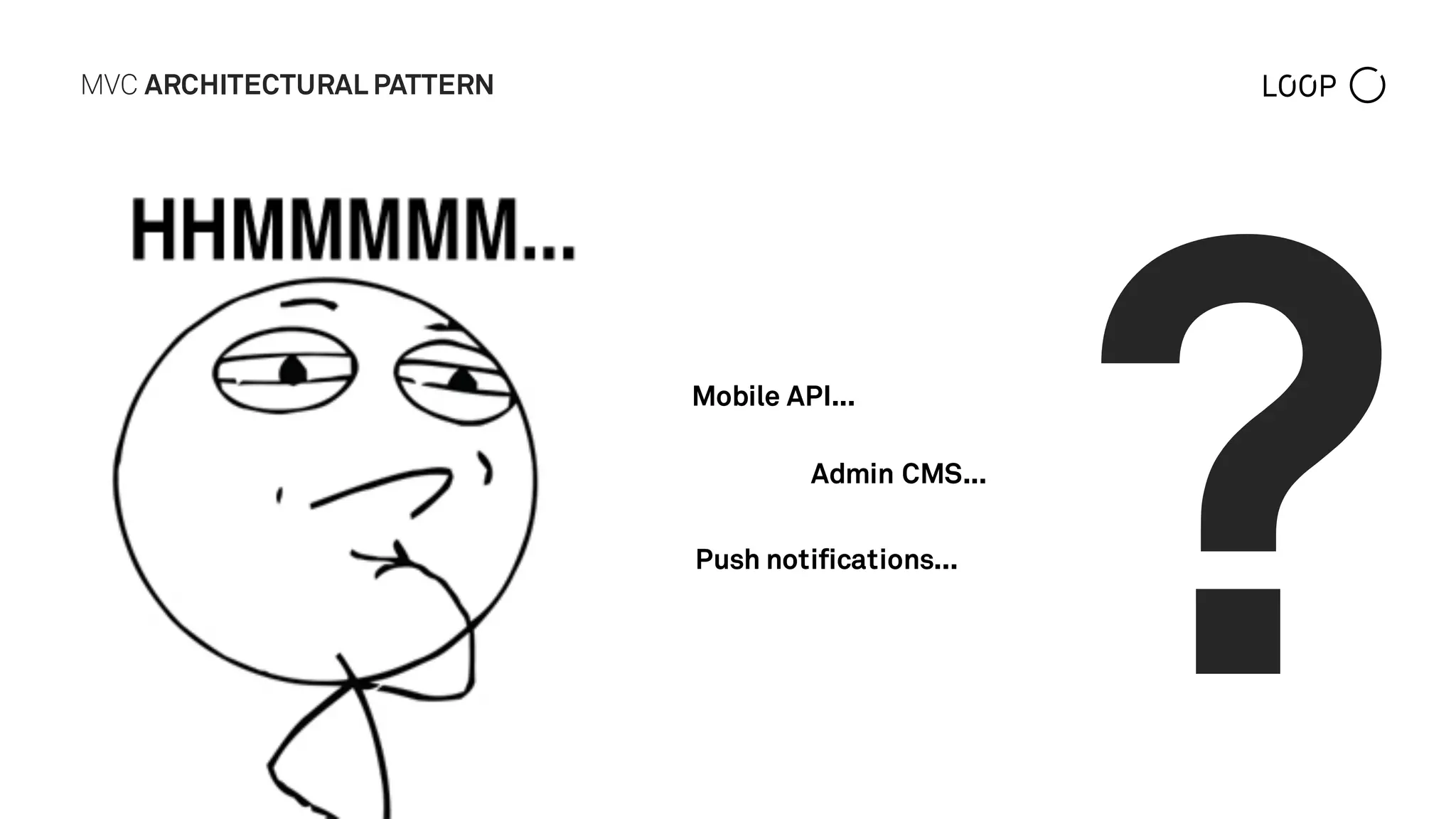 MVC ARCHITECTURAL PATTERN
Mobile API...
Admin CMS...
Push notifications...
?
 