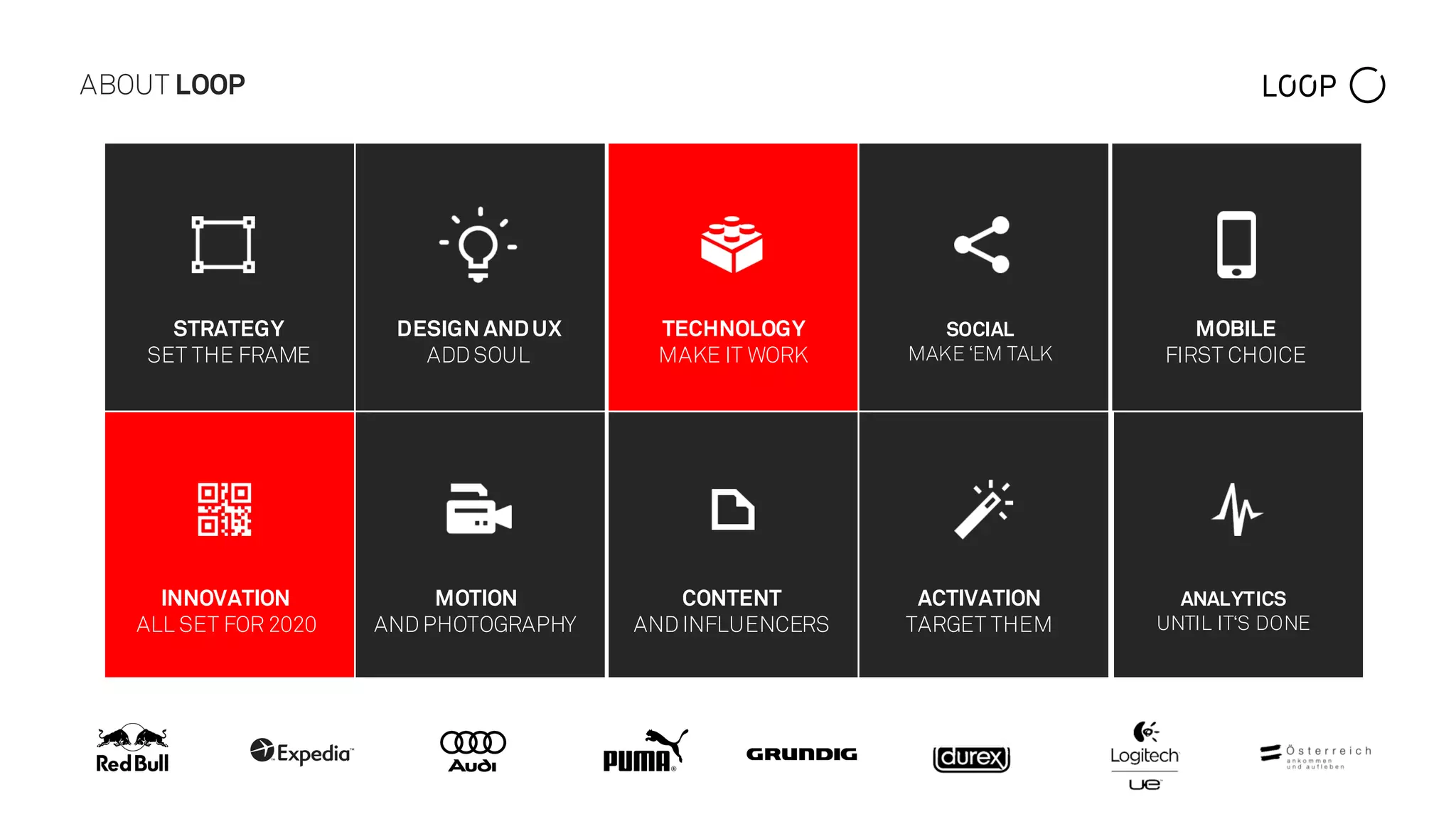STRATEGY
SET THE FRAME
DESIGN ANDUX
ADD SOUL
TECHNOLOGY
MAKE IT WORK
SOCIAL
MAKE ‘EM TALK
MOBILE
FIRST CHOICE
INNOVATION
ALL SET FOR 2020
MOTION
AND PHOTOGRAPHY
CONTENT
AND INFLUENCERS
ACTIVATION
TARGET THEM
ANALYTICS
UNTIL IT‘S DONE
ABOUT LOOP
 