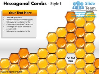 Hexagonal Combs - Style1
       Your Text Here
 •   Your text goes here
 •   Download this awesome diagram
 •   Bring your presentation to life
 •   Capture your audience’s attention
 •   All images are 100% editable in
     powerpoint
 •   Bring your presentation to life




                                         Put Text
                                          Here



www.slideteam.net                                   Your logo
 