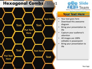 Hexagonal Combs - Style1

                                                           Your Text Here
                                           Text Here   • Your text goes here
                                                       • Download this awesome
                                 Text                    diagram
             Text
                                                       • Bring your presentation to
                    Put Text                             life
                     Here                              • Capture your audience’s
                                                         attention
                                                       • All images are 100%
                                                         editable in powerpoint
                                                       • Bring your presentation to
                                                         life
             Text              Text Here
  Put Text
                                            Text
   Here


www.slideteam.net                                                              Your logo
 