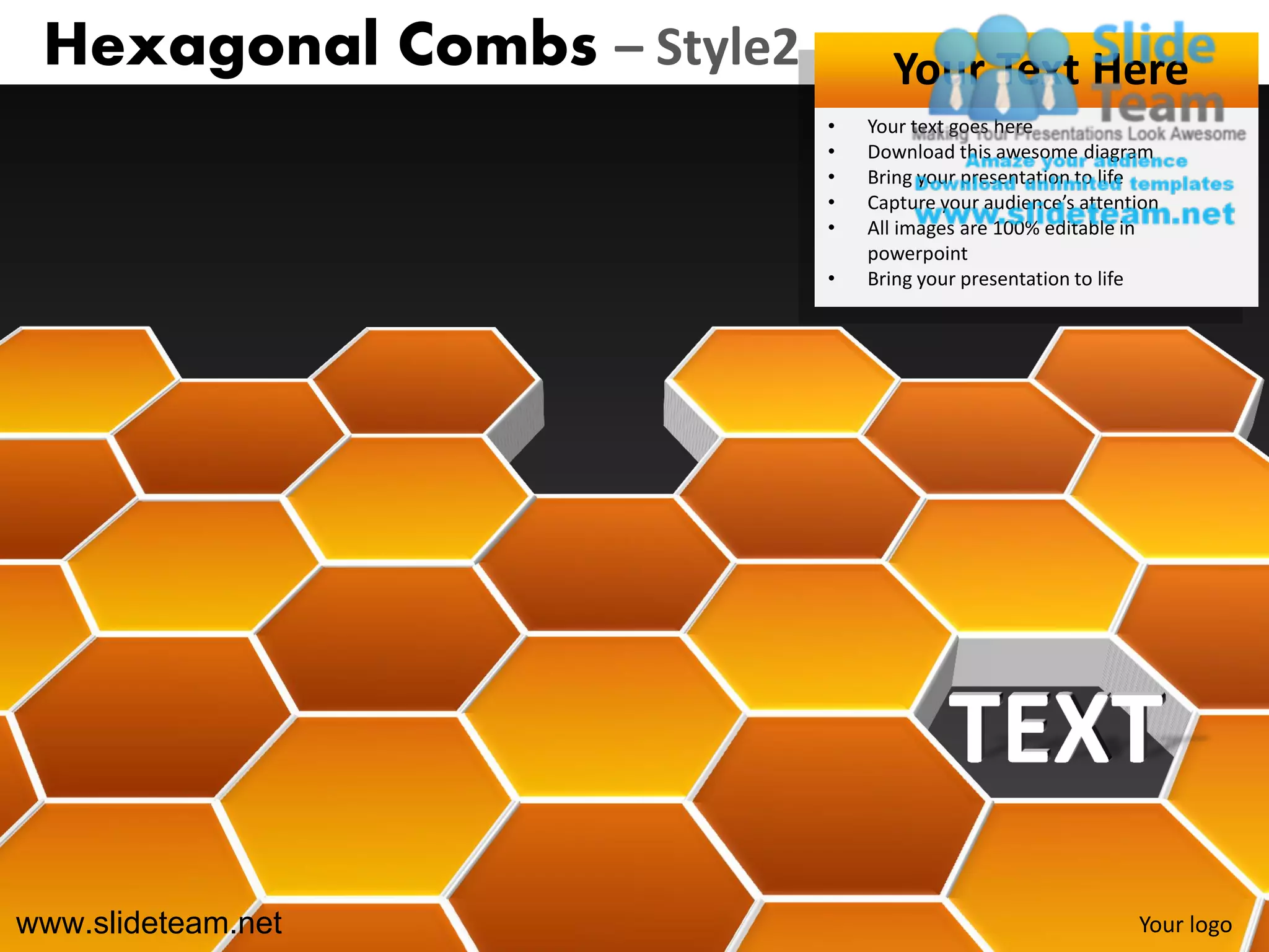 Hexagonal Combs – Style2         Your Text Here
                            •   Your text goes here
                            •   Download this awesome diagram
                            •   Bring your presentation to life
                            •   Capture your audience’s attention
                            •   All images are 100% editable in
                                powerpoint
                            •   Bring your presentation to life




www.slideteam.net                                             Your logo
 