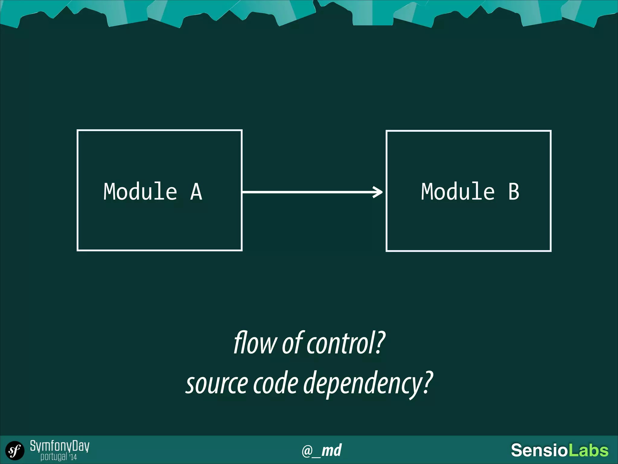 @_md SensioLabs
Module A Module B
flowofcontrol?
sourcecodedependency?
 