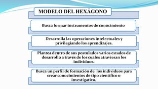 MODELO DEL HEXÁGONO
Busca formar instrumentos de conocimiento
Desarrolla las operaciones intelectuales y
privilegiando los aprendizajes.
Plantea dentro de sus postulados varios estados de
desarrollo a través de los cuales atraviesan los
individuos.
Busca un perfil de formación de los individuos para
crear conocimientos de tipo científico o
investigativo.
 