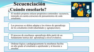 Secuenciación
¿Cuándo enseñarlo?
El modelo propone enlazar propósitos-contenidos- secuencia,
teniendo en cuenta estructura de pensamientos de cada
estudiante.
Los procesos se deben adaptar a los ritmos de aprendizaje
de los estudiantes (individualidades y agrupaciones).
El proceso de enseñanza–aprendizaje debe partir de un
fundamento teórico del aprendizaje a nivel evolutivo.
Ordenar lógica y pedagógicamente la enseñanza facilita
en alto grado al estudiante a aprehender y al docente a
enseñar.
 