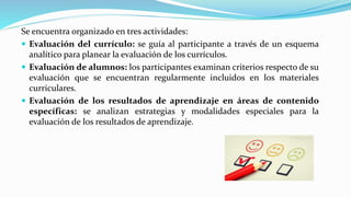 Se encuentra organizado en tres actividades:
 Evaluación del currículo: se guía al participante a través de un esquema
analítico para planear la evaluación de los currículos.
 Evaluación de alumnos: los participantes examinan criterios respecto de su
evaluación que se encuentran regularmente incluidos en los materiales
curriculares.
 Evaluación de los resultados de aprendizaje en áreas de contenido
específicas: se analizan estrategias y modalidades especiales para la
evaluación de los resultados de aprendizaje.
 