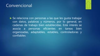 Convencional
 Se relaciona con personas a las que les gusta trabajar
con datos, palabras y números, por lo general, en
cadenas de trabajo bien establecidas. Este interés se
asocia a personas eficientes en tareas bien
organizadas, adaptables, estables, controladoras y
confiables
 