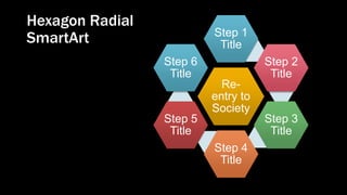 Hexagon Radial
SmartArt
Re-
entry to
Society
Step 1
Title
Step 2
Title
Step 3
Title
Step 4
Title
Step 5
Title
Step 6
Title
 