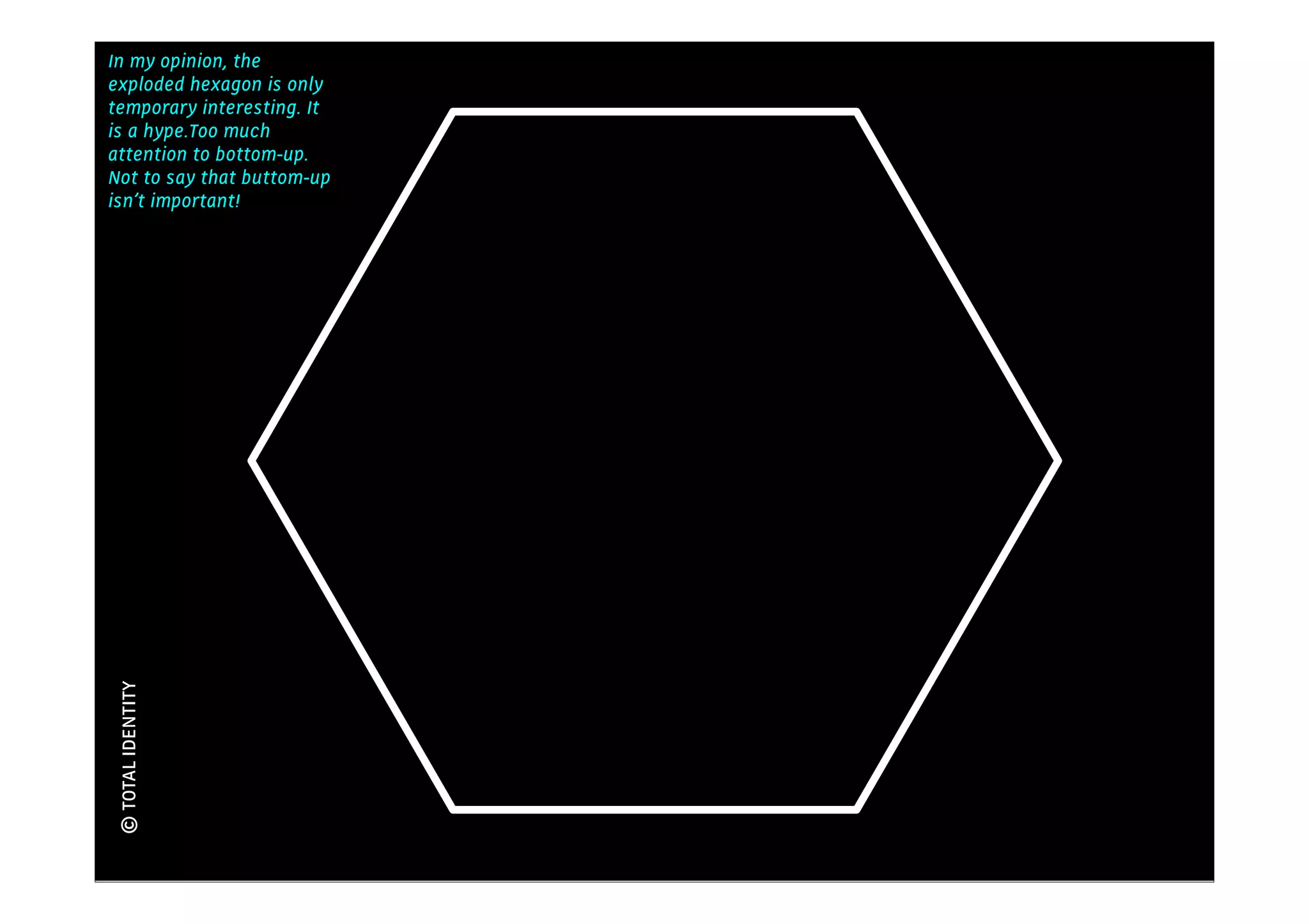 In my opinion, the
                            Kennis
exploded hexagon is only
temporary interesting. It
is a hype.Too much
attention to bottom-up.
Not to say that buttom-up
isn’t important!
© TOTAL IDENTITY
 