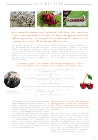 C’est en 1946 que naissent les vergers Dumas
alors que l’exploitation est spécialisée en fraises,
pêches, cerises, poires et haricots verts, courges
et choux de Bruxelles. Le père et le fils travaillent
déjà ensemble sur le site. Une tradition qui va se
perpétuer. Dès 1981 l’entreprise mise sur la techno-
logie avec une première unité de stockage en at-
mosphère contrôlée.
En 1991, c’est la mise en place d’un calibrage par
système électronique, en 2006 d’un pré-calibrage.
Dans la famille Dumas, Sylvain est l’un des fils qui
travaille sur l’exploitation située à St Genis La-
val. Depuis 2004, il est chargé du développement
commercial et mise sur une communication nova-
trice et déclinable à l’ensemble de la production.
« Nous sommes un petit producteur avec une pro-
duction d’une centaine de tonnes de cerises (7 va-
riétés), 2 000 tonnes de pommes (12 variétés), 200
tonnes de poires Williams et 100 tonnes d’abricots
sur nos 50 hectares.» J’attire l’attention sur les dif-
ficultés de la culture de la cerise que nous essayons
de contourner au mieux dans notre région : variétés
parmi les plus rustiques pour pallier les conditions
climatiques difficiles, production de calibres entre
24 et 28 minimum pour contrer l’exposition à l’écla-
tement, recherche de porte-greffes avec certaines
hauteurs de greffage pour éviter la bactériose du
cerisier, arrivée de porte-greffes nains pour pallier
une entrée en production lente…
«Beaucoup écartent la production de La Burlat parce
que précoce et tendre donc plus fragile face aux intem-
péries. Mais nous trouvons dommage de ne pas la pro-
poser à nos clients, elle est gourmande, juteuse et fond
en bouche ! »
« Ce n’est pas tant sur la culture de la Burlat que
nous nous inquiétons mais sur la culture de la ce-
rise en général compte tenu des conditions clima-
tiques de ces deux dernières années, particulière-
ment pluvieuses. En 2013, nous n’avons récolté que
19 tonnes sur les 100 potentielles, nos saisonniers
n’ont pas trouvé de travail et nous ne sommes pas
rentrés dans nos frais. L’année 2014 sera décisive
pour la culture de la cerise sur notre exploitation
malgré toute notre bonne volonté. » conclut-il.
Au sein même de l’agglomération lyonnaise, la famille Dumas cultive ses arbres
fruitiers : pommiers, cerisiers, poiriers et abricotiers. Des produits estampillés
100% local pour une garantie de proximité et de fraîcheur de la production à la
consommation. Il fournit CPS (article page 3) 12 mois sur 12.
DUMAS FRUITS, arboriculteur de Père en Fils depuis 1946 nous explique les étapes
de la production de cerise, un travail de longue haleine, au rythme des saisons.
Présence d’un corner sur chaque colis
Sélection des variétés : Coralise, Summit, Noire de Méchède, Fertard, Duroni, Sweetheart
et une plus tendre, la Burlat
Achat des porte-greffes d’arbres fruitiers, âgés d’1 à 2 ans
Plantation après avoir trempé les racines dans du fumier qui gardent l’humidité
et facilitent le démarrage des cultures
Entrée en production entre 4 et 6 ans
1ère
taille en hiver, 2e
avant floraison pour limiter les fleurs, 3e
taille au printemps
Cueillette manuelle (90% des fruits sont à maturité) en seau chaque jour
entre le 10 mai et le 5 juillet
Mise en cagette de 5 kg et expédition le même jour
À g, Sylvain Dumas 
à d, Pascal Vacher (CPS)
Cerisiers nains Grappe équilibrée
H e x ’ p e r t i s e
9
 