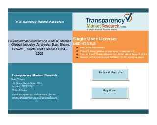 Transparency Market Research
Hexamethylenetetramine (HMTA) Market
- Global Industry Analysis, Size, Share,
Growth, Trends and Forecast 2014 -
2020
Single User License:
USD 4315.5
 Flat 10% Discount!!
 Free Customization as per your requirement
 You will get Custom Report at Syndicated Report price
 Report will be delivered with in 15-20 working days
Transparency Market Research
State Tower,
90, State Street, Suite 700.
Albany, NY 12207
United States
www.transparencymarketresearch.com
sales@transparencymarketresearch.com
Buy Now
Request Sample
 