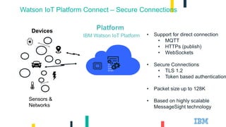 Watson IoT Platform Connect – Secure Connections
IBM Watson IoT Platform
Sensors &
Networks
01
0110
0010
001001
Devices
Platform
• Support for direct connection
• MQTT
• HTTPs (publish)
• WebSockets
• Secure Connections
• TLS 1.2
• Token based authentication
• Packet size up to 128K
• Based on highly scalable
MessageSight technology
 