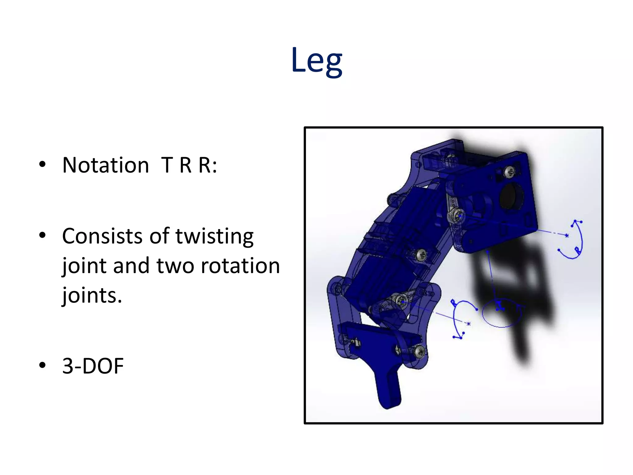 Leg
• Notation T R R:
• Consists of twisting
joint and two rotation
joints.
• 3-DOF
 