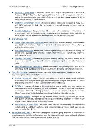 Jainam share Consultant Pvt Ltd. Sector : IT Consulting & Software
21-01-2019 12
 Finance & Accounting : Hexaware brings in a unique amalgamation of Finance &
Accounts (F&A) BPO services delivery capability and ability to drive in optimal automation
across complete F&A value chain. Sub offering are : Procedure to pay services, Order to
cash services, Record to report Services.
 Customer Experience Services : Hexaware follows a standard approach to study CSAT
and NPS. Attempt to link the customers end-to-end journey through multiple
touchpoints.
 Human Resources : Comprehensive HR services on transactional, administrative and
strategic tasks help streamline your processes that enable employees and stakeholder to
easily access, update, and manage HR information to take the right decisions.
 Digital Customer :
 Digital Transformation Consulting: Offer consultation to move towards a solution that
provides transformational outcomes in terms of customer experience, business efficiency,
and business innovation.
 Automate Everything: Hexaware’s Automating Everything strategy aims at helping our
clients with lowered costs, minimal human intervention and dramatically improved
end-user experience.
 Cloudify Evetything : With there Cloudify Everything strategy, we offer a diverse set of
cloud-related solutions, tools, and platforms encompassing the complete lifecycle of
cloud.
 Transform Customer Experience: Hexaware follows a design-led approach with a focus
on helping clients build Customer Experience, thereby delivering ultimate value to them.
 Digital Assurance : Hexaware’s Digital Assurance practice empowers enterprises to be
digital disruptors in their market place.
 Quality Engineering : Quality Engineering is a process of testing, analyzing and improving
software quality throughout the application development lifecycle. The process of Quality
Engineering relies more on Test Automation than manual testing.
 DIGI-Test : Hexaware follows an Automation-first approach right from test creation to
implementation cycles, backed by our own IP platform ‘Digi-test’ – Digital Testing Solution.
Hexaware’s ‘Digi-Test’ offering provides a range of end-to-end solutions from
Multi-Channel to API to Big Data Testing in line with Agile and DevOps culture.
 Managed Services: Managed Testing Services provide the test organization, processes,
high quality QA services, testing directors and qualified testing engineers to resolve major
testing-related problems and achieve best results.
 Test Advisory & Consulting : Hexaware’s test advisory and consulting services offering
includes end-to-end QA IT evaluation and assessment across various facets viz., people,
process, technology & tools.
 Enterprise Solutions : Hexaware’s Enterprise Solutions group has been a forerunner in
enabling process and IT transformation with the power of best-of-breed packaged solutions
that transforms businesses across industries. Service Offering:
 