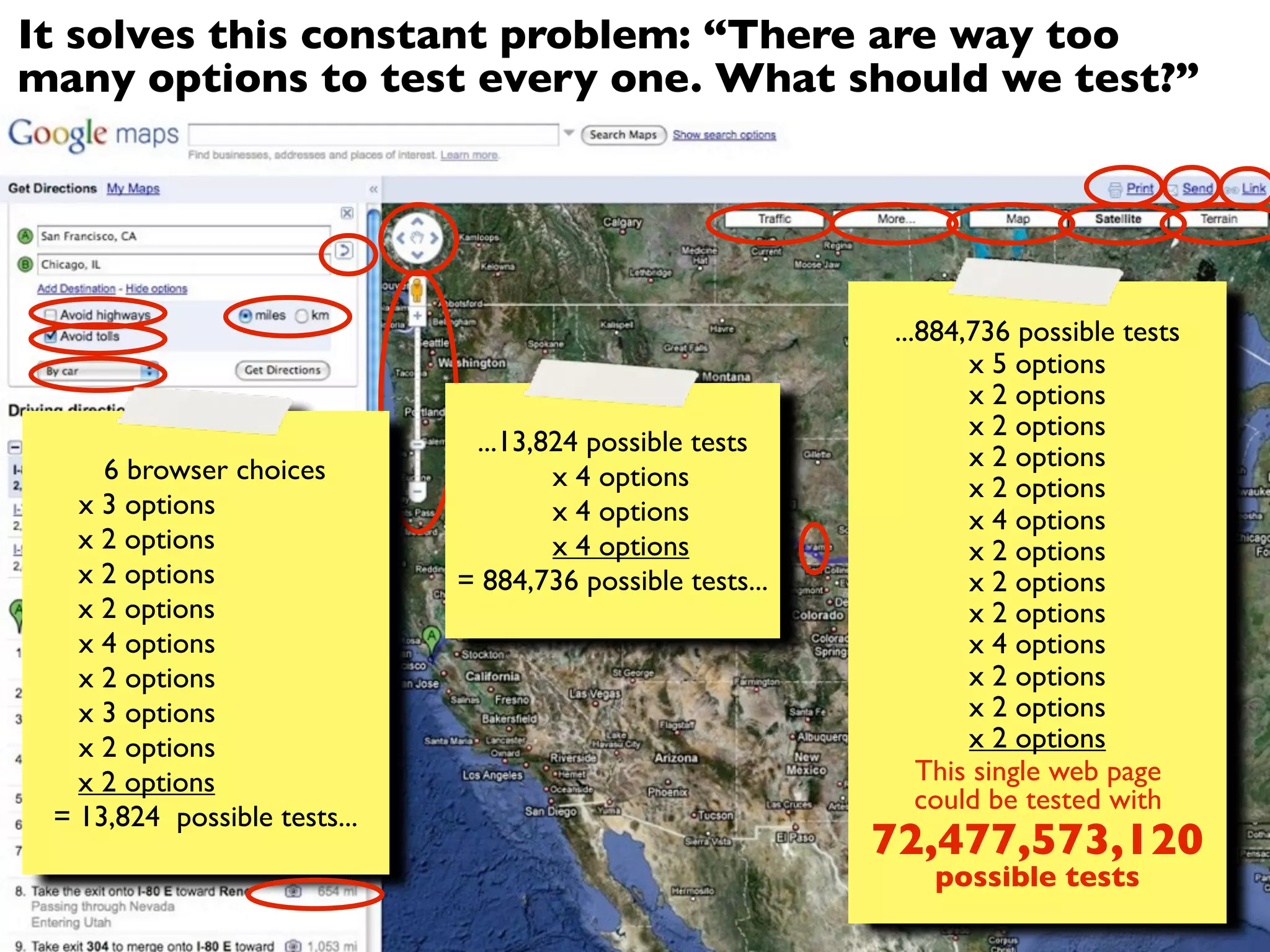 It solves this constant problem: “There are way too
many options to test every one. What should we test?”




                                                            ...884,736 possible tests
                                                                   x 5 options
                                                                   x 2 options
                                                                   x 2 options
                               ...13,824 possible tests
     6 browser choices                                             x 2 options
                                      x 4 options                  x 2 options
   x 3 options                        x 4 options                  x 4 options
   x 2 options                        x 4 options                  x 2 options
   x 2 options                = 884,736 possible tests...          x 2 options
   x 2 options                                                     x 2 options
   x 4 options                                                     x 4 options
   x 2 options                                                     x 2 options
   x 3 options                                                     x 2 options
   x 2 options                                                     x 2 options
   x 2 options                                                 This single web page
                                                               could be tested with
 = 13,824 possible tests...
                                                            72,477,573,120
                                                               possible tests
 
