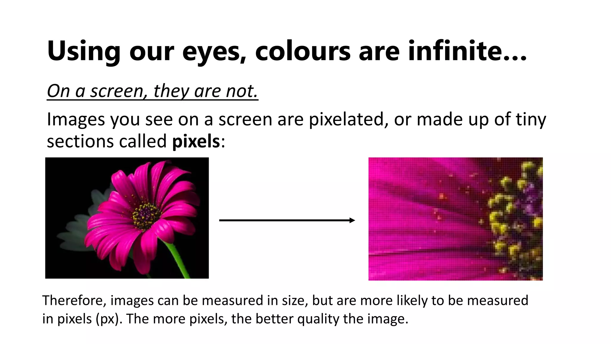 Using our eyes, colours are infinite…
On a screen, they are not.
Images you see on a screen are pixelated, or made up of tiny
sections called pixels:
Therefore, images can be measured in size, but are more likely to be measured
in pixels (px). The more pixels, the better quality the image.
 
