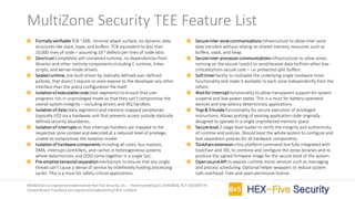 MultiZoneis a registeredtrademarkof Hex Five Security,Inc. – Patent pendingUS 16450826,PCT US1938774
Cortex-M and TrustZoneare registeredtrademarksof Arm Limited
MultiZone Security TEE Feature List
Formallyverifiable TCB ~2KB, minimal attack surface, no dynamic data
structures like stack, hype, and buffers. TCB equivalent to less than
10,000 lines of code – assuming 10-4 defects per lines of code ratio.
Zerotrust Completely self-contained runtime, no dependencies from
libraries and other runtime components including C runtime, linker
scripts, and kernel-mode drivers.
Sealedruntime, pre-built driven by statically defined user-defined
policies, that doesn’t require or even expose to the developer any other
interface than the policy configuration file itself.
Isolationof executablecode(text segments) to ensure that user
programs run in unprivileged mode so that they can’t compromise the
overall system integrity – including drivers and IRQ handlers.
Isolationof data(data segments) and memory-mapped peripherals
(typically I/O) via a hardware unit that prevents access outside statically
defined security boundaries.
Isolationof interruptsso that interrupt handlers are mapped to the
respective zone context and executed at a reduced level of privilege,
unable to compromise the isolation model.
Isolationof hardwarecomponents including all cores, bus masters,
DMA, interrupt controllers, and caches in heterogeneoussystems
where deterministic and OOO come together in a single SoC.
Pre-emptivetemporalseparationmechanism to ensure that any single
thread can’t cause a denial of service by indefinitely holding processing
cycles. This is a must for safety-critical applications.
Secureinter-zonecommunicationsinfrastructure to allow inter-zone
data transfers without relying on shared memory resources such as
buffers, stack, and heap.
Secureinter-processorcommunications infrastructure to allow zones
running on the secure core(s) to send/receive data to/from other low-
criticality/non-secure core – i.e. protected split buffers.
Softtimerfacility to multiplex the underlying single hardware timer
functionality and make it available to each zone independently from the
others.
Waitfor interruptfunctionality to allow transparent support for system
suspend and low-power states. This is a must for battery-operated
devices and low-latency deterministic applications .
Trap& Emulate functionality for secure execution of privileged
instructions. Allows porting of existing application code originally
designed to operate in a single unprotected memory space.
Secureboot 2-stage boot loader to verify the integrity and authenticity
of runtime and policies. Should boot the whole system to configure and
lock separation policies for all hardware components.
Toolchainextension cross-platform command line fully integrated with
toolchain and IDE, to combine and configure the zones binaries and to
produce the signed firmware image for the secure boot of the system.
OpensourceAPI to expose runtime micro-services such as messaging
and process scheduling. Optional helper wrappers to reduce system
calls overhead. Free and open permissive license.
 