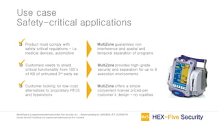 MultiZoneis a registeredtrademarkof Hex Five Security,Inc. – Patent pendingUS 16450826,PCT US1938774
Cortex-M and TrustZoneare registeredtrademarksof Arm Limited
Use case
Safety-critical applications
❑ Product must comply with
safety critical regulations – i.e.
medical devices, automotive
❑ Customers needs to shield
critical functionality from 100’s
of KB of untrusted 3rd party sw
❑ Customer looking for low-cost
alternatives to proprietary RTOS
and hypervisors
MultiZone guarantees non
interference and spatial and
temporal separation of programs
✓
MultiZone provides high-grade
security and separation for up to 8
execution environments
✓
MultiZone offers a simple
convenient license priced per
customer’s design – no royalties
✓
 